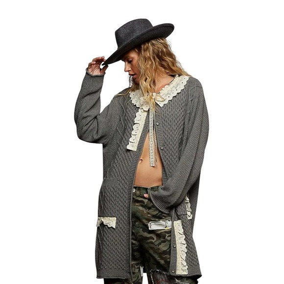 POL Sweaters - POL‎ NWOT SZ LGE Gray Cable Knit Lace Collar heavy Long Cardigan Sweater Dress